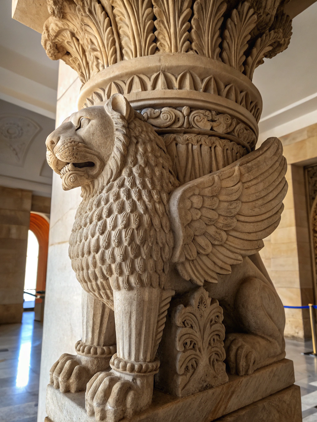 Polished sandstone sculpture of four standing lions and the Dharma wheel