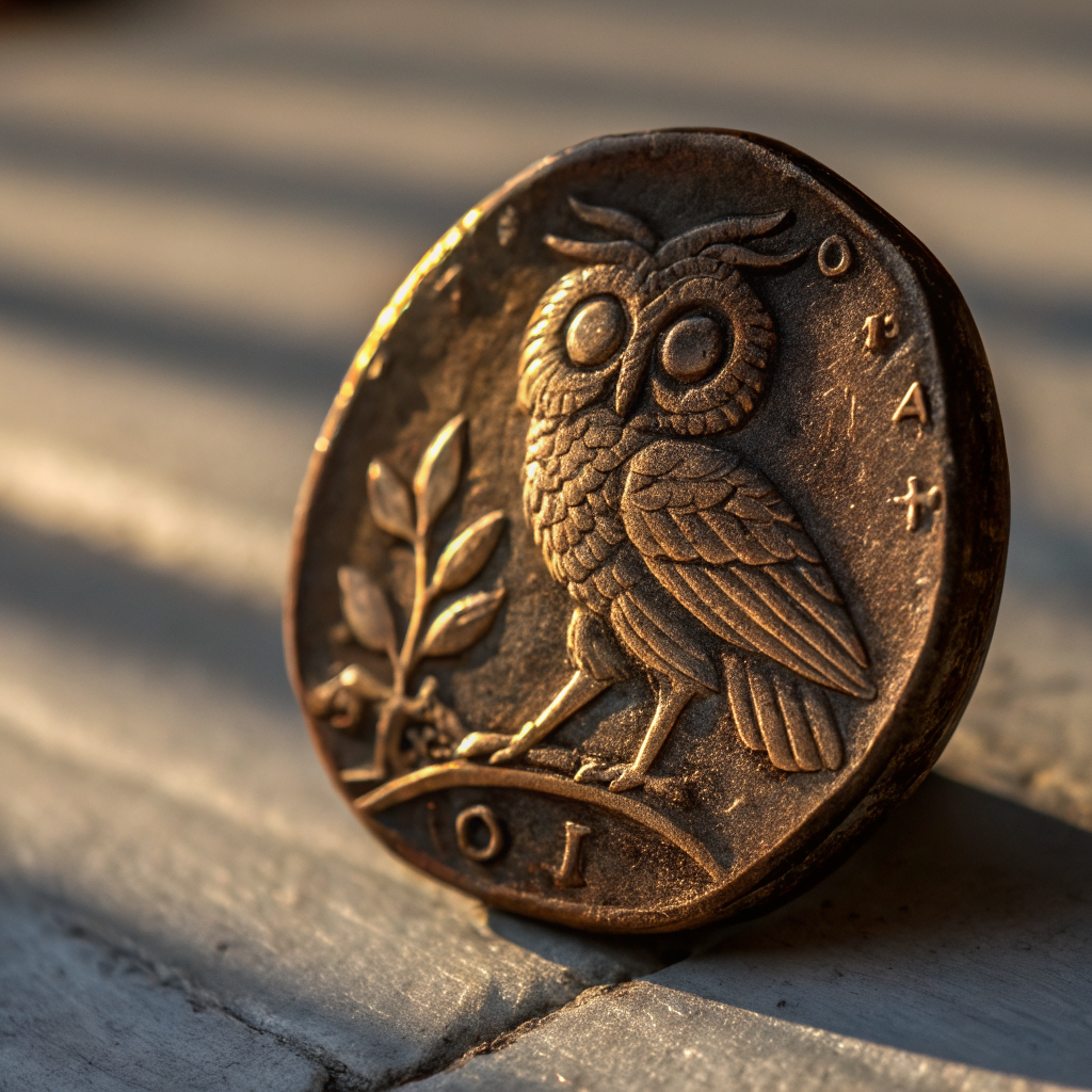 Ancient silver coin displaying the helmeted head of Athena and the owl with olive sprig