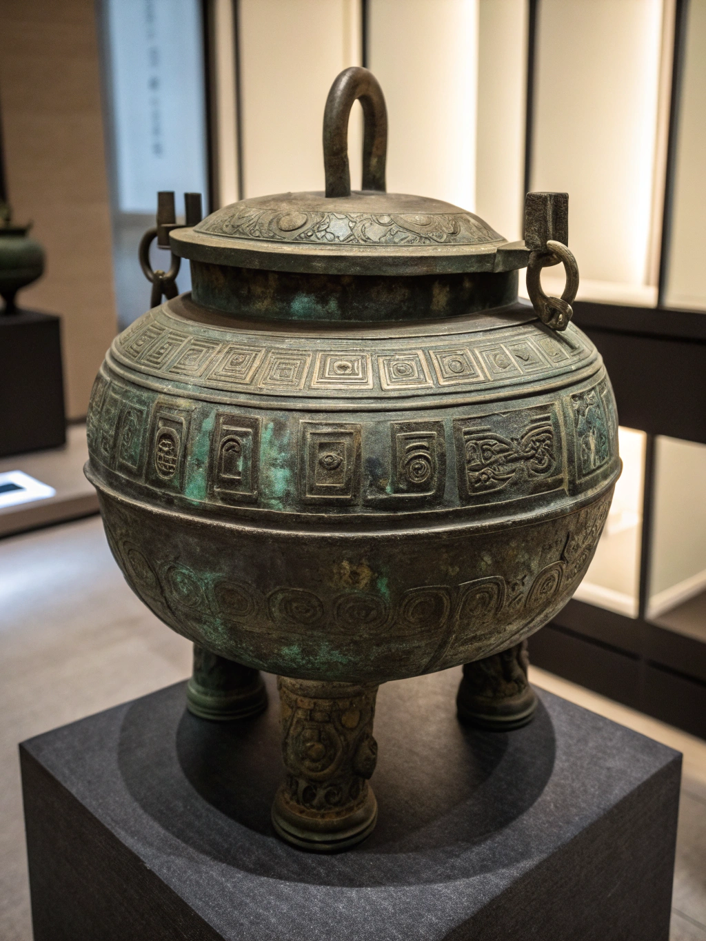 Inscribed Shang dynasty bronze ritual ding and oracle bone fragment