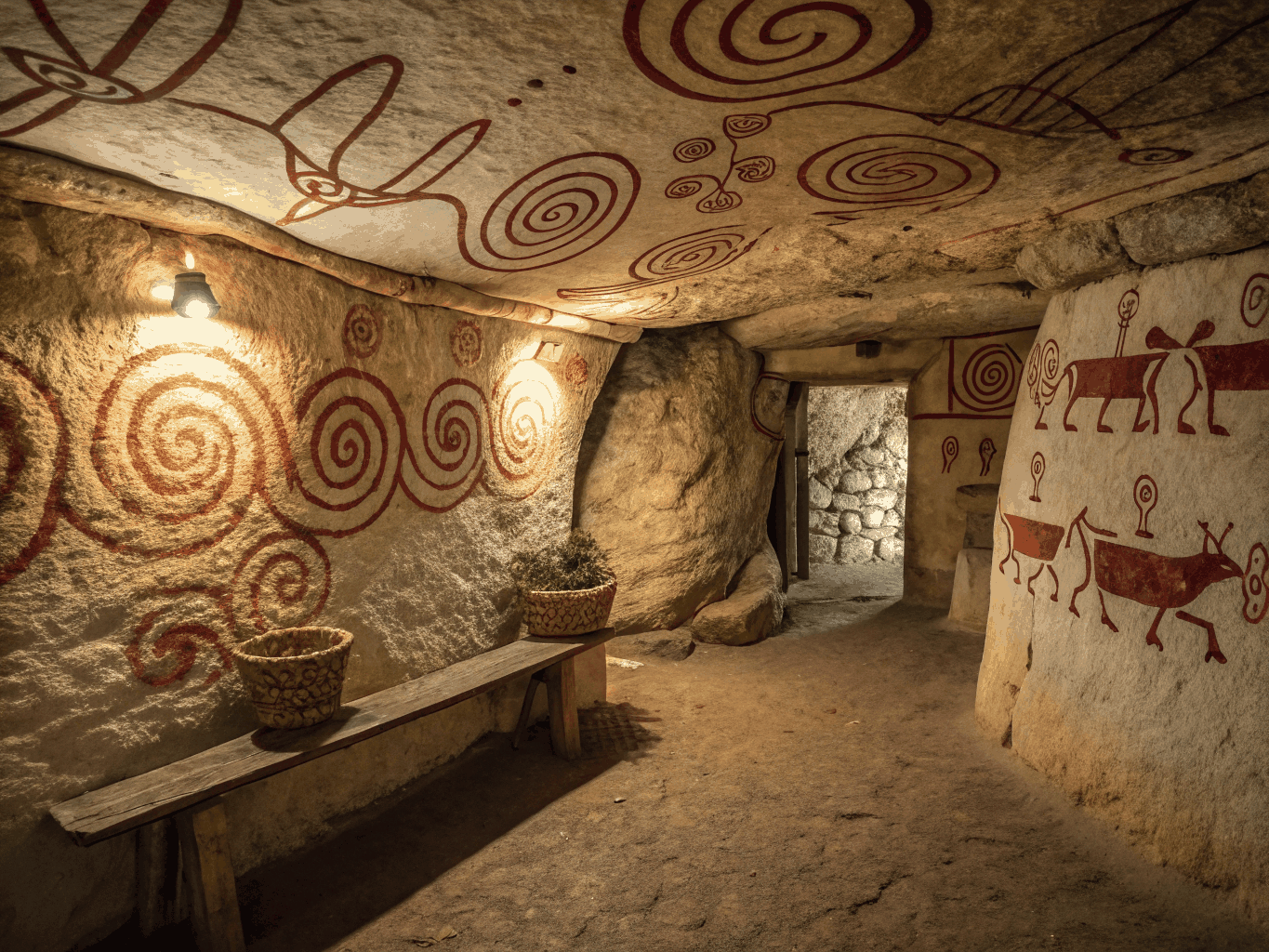 Paleolithic cave art depicting symbolic figures and animal spirits