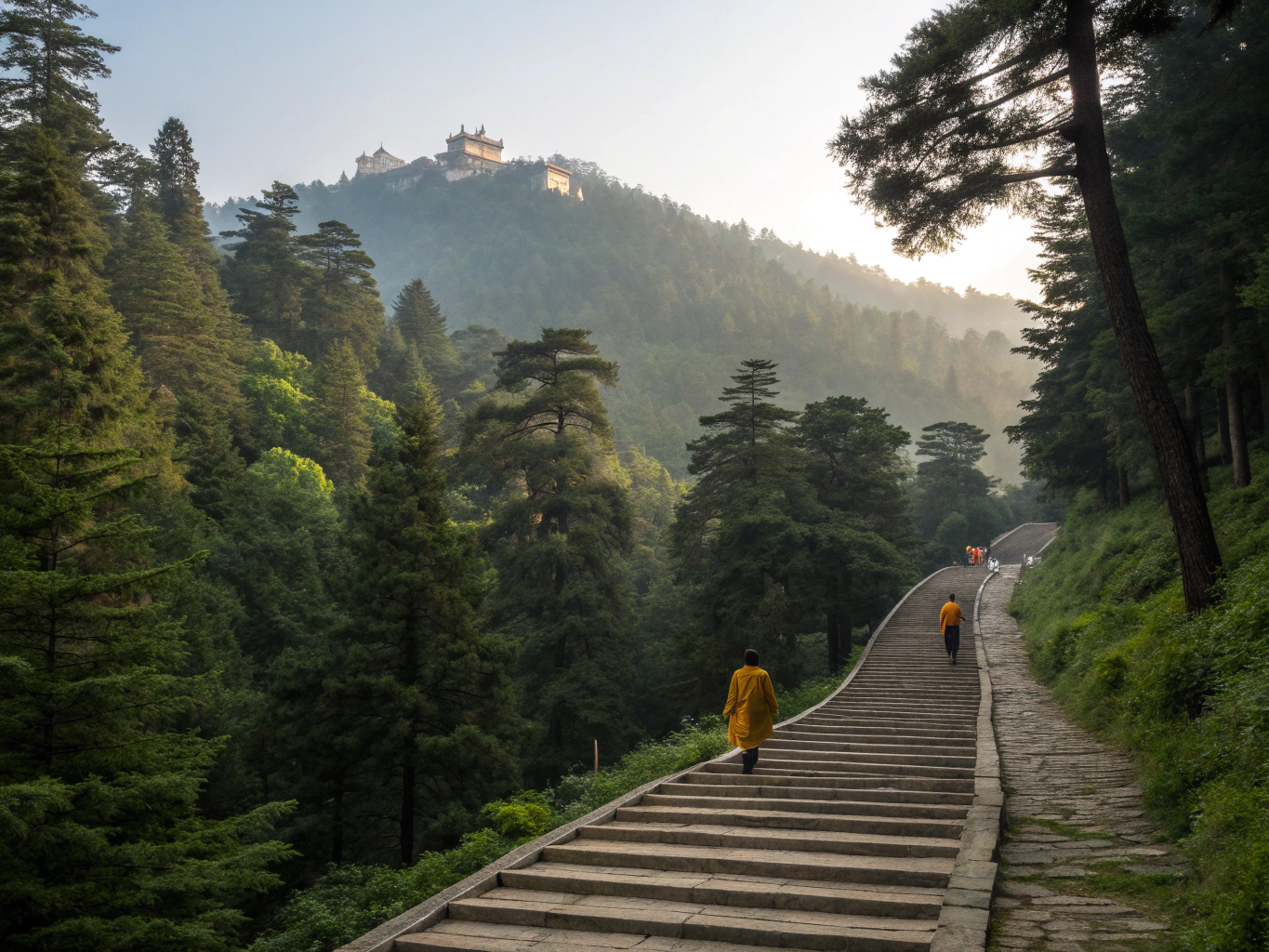 Mount Tai stone stairways and ancient gates at dawn