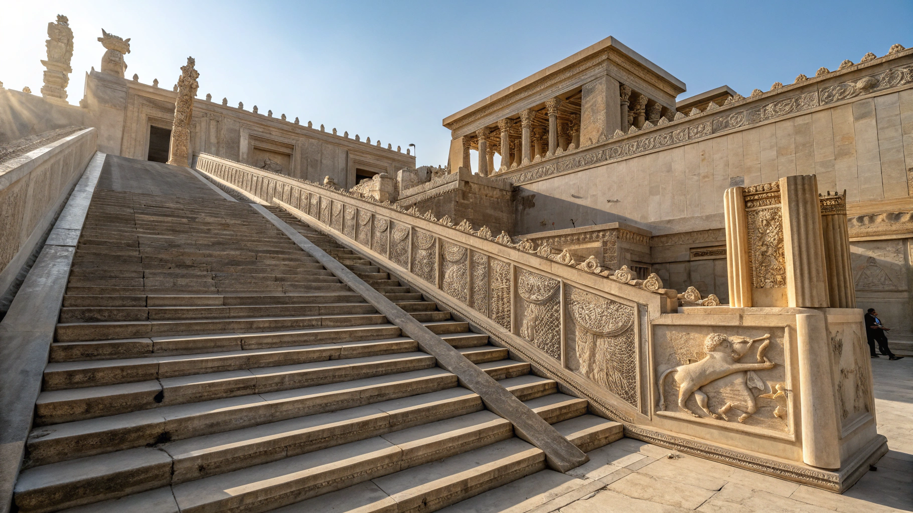 Relief carvings and columns at the ancient ceremonial complex of Persepolis